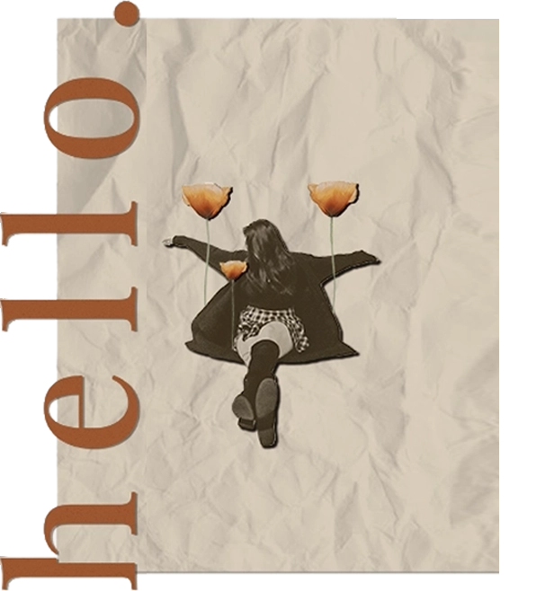 Artistic image of a woman lying on crumpled paper background with two orange flowers and the word 'hello.' in large brown vertical text.