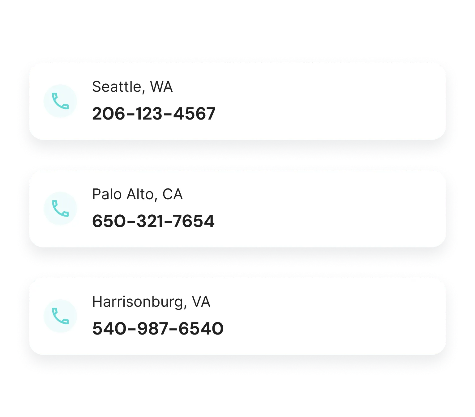 An image displaying 3 different local Goodcall numbers, one from Seattle, one from Palo Alto, and one from Harrisonburg Virginia. 