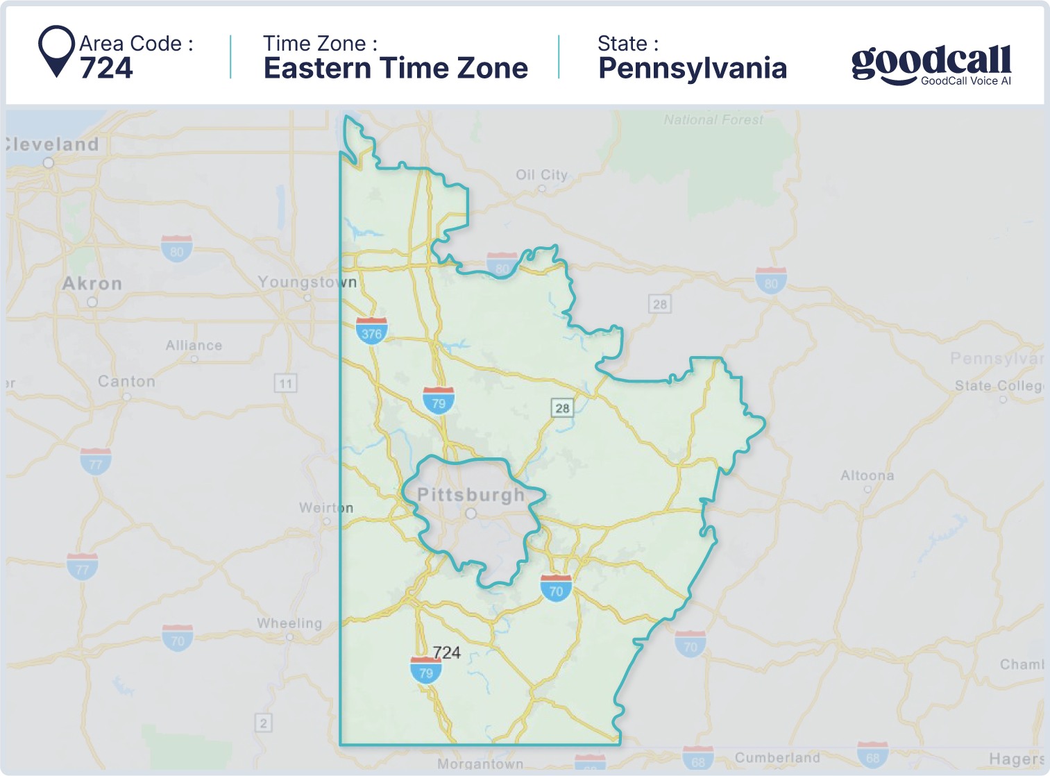724 area code map showing Pittsburgh, Greensburg, New Castle and western Pennsylvania