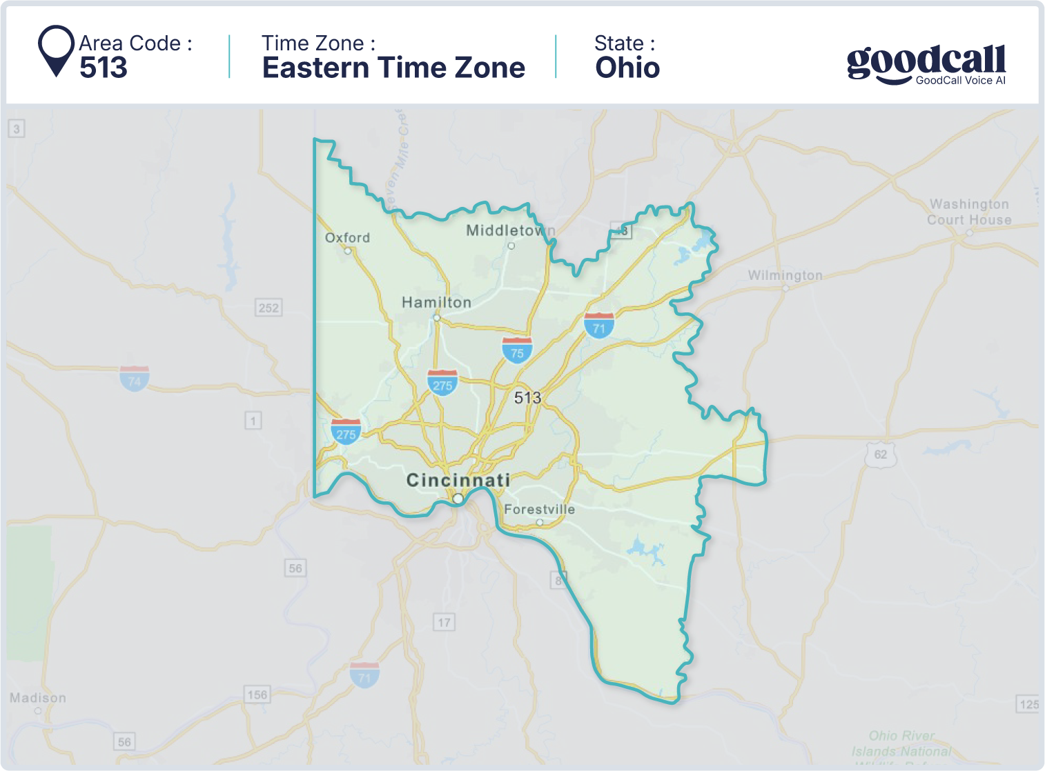 513 area code map showing Ohio, Cincinnati, Hamilton and Middletown