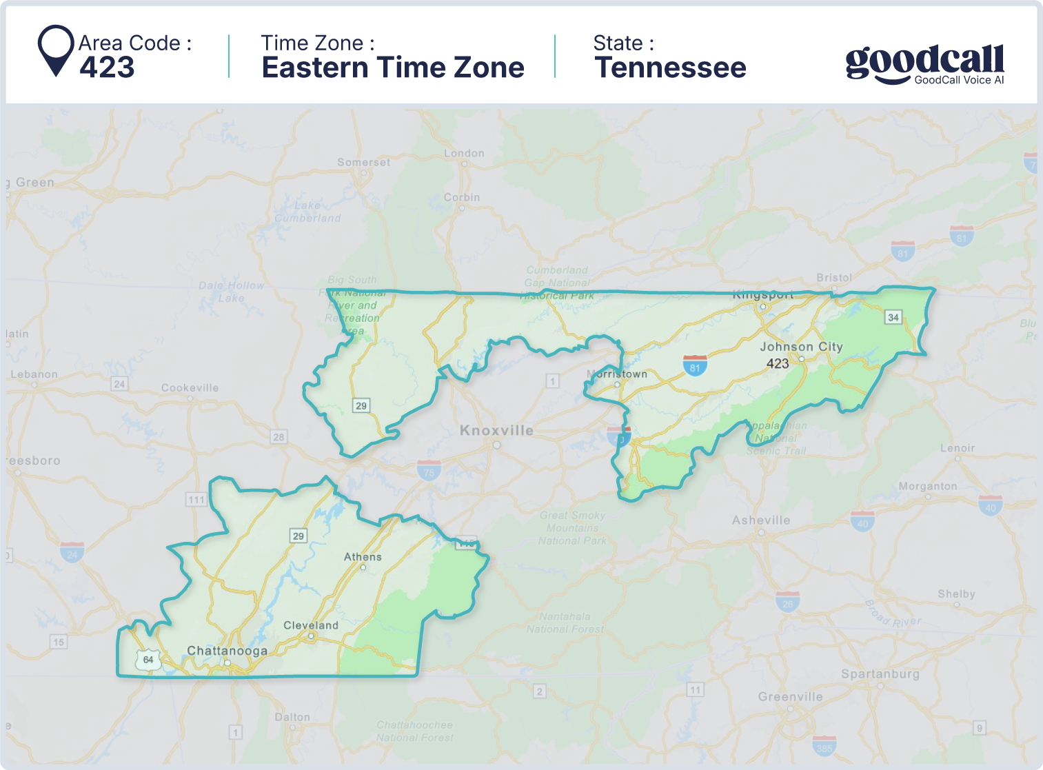 423 area code map showing Tennessee, Chattanooga, Knoxville and Johnson City