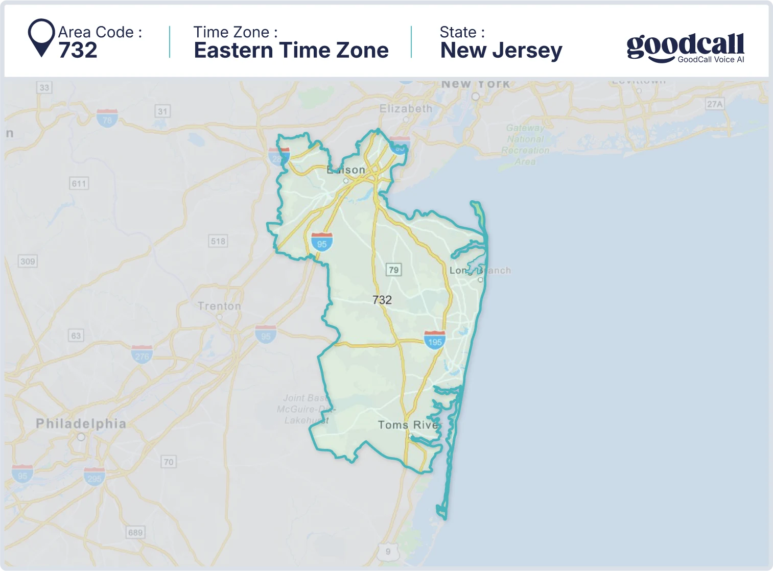 732 area code map showing New Jersey, Toms River, New Brunswick, and Lakewood