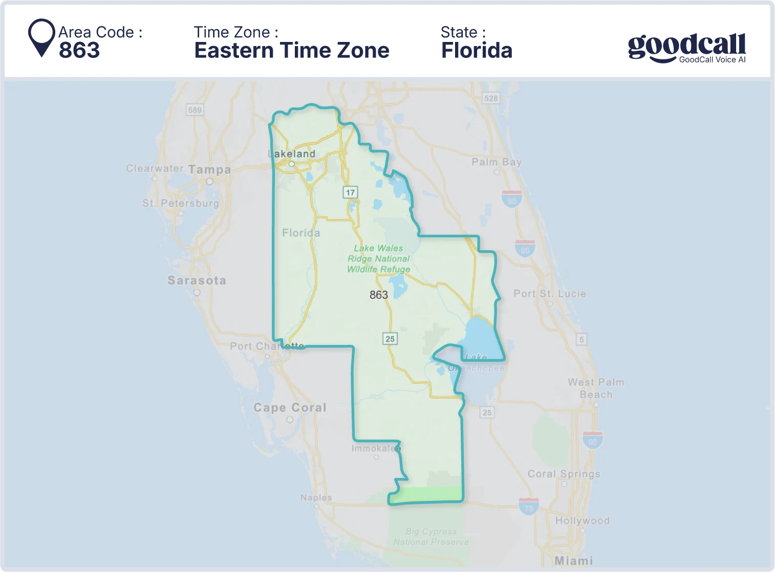 863 area code map showing Florida, Lakeland, Winter Haven, and Sebring