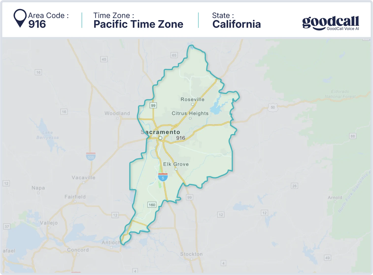 916 area code map showing California, Sacramento, Elk Grove, and Roseville