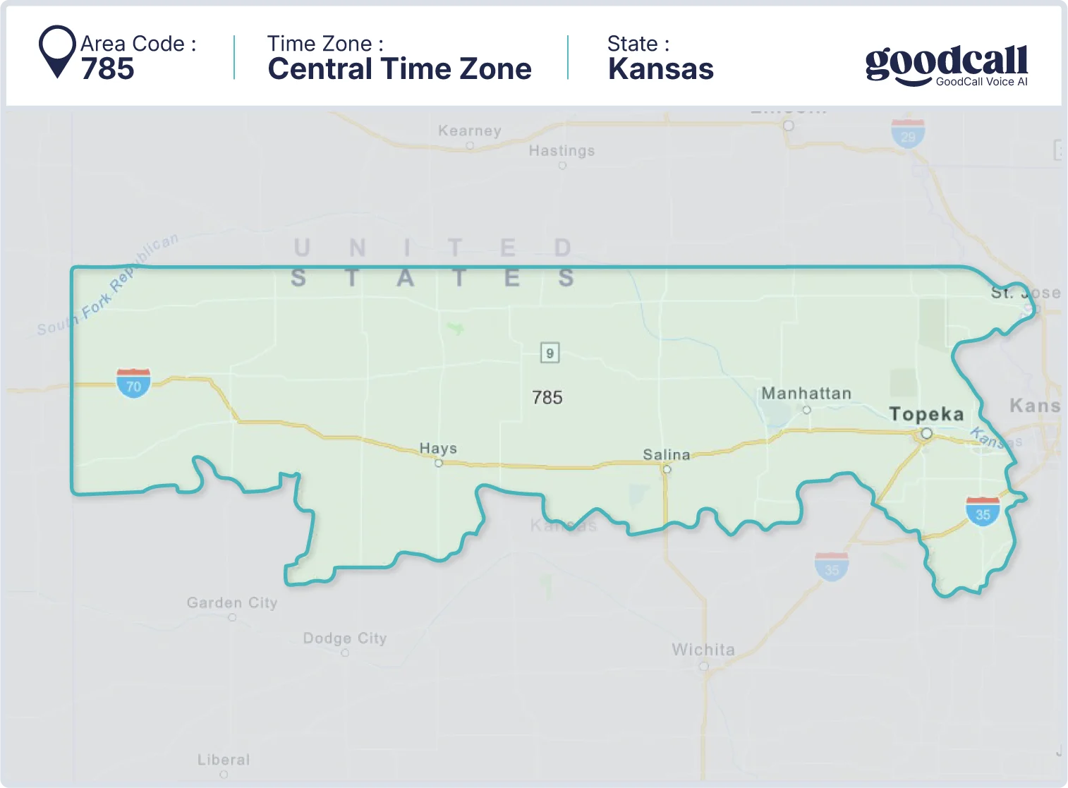 785 area code map showing Kansas, Topeka, Manhattan, and Lawrence