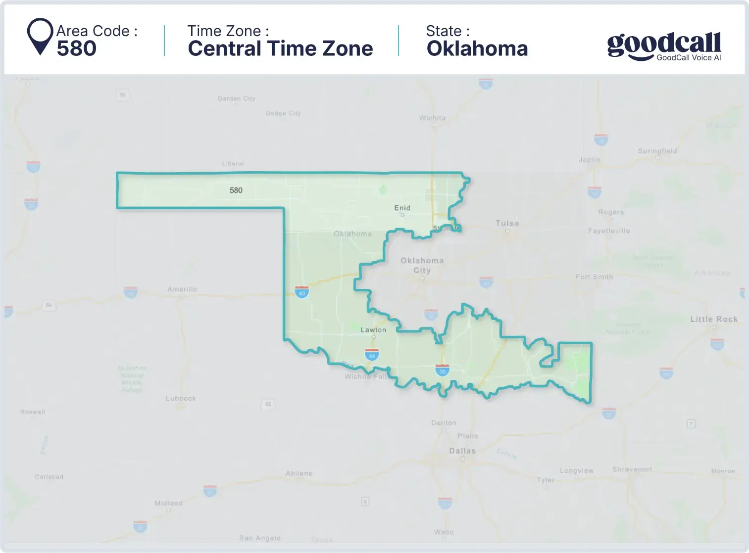 580 area code map showing Oklahoma, Lawton, Enid, and Ardmore