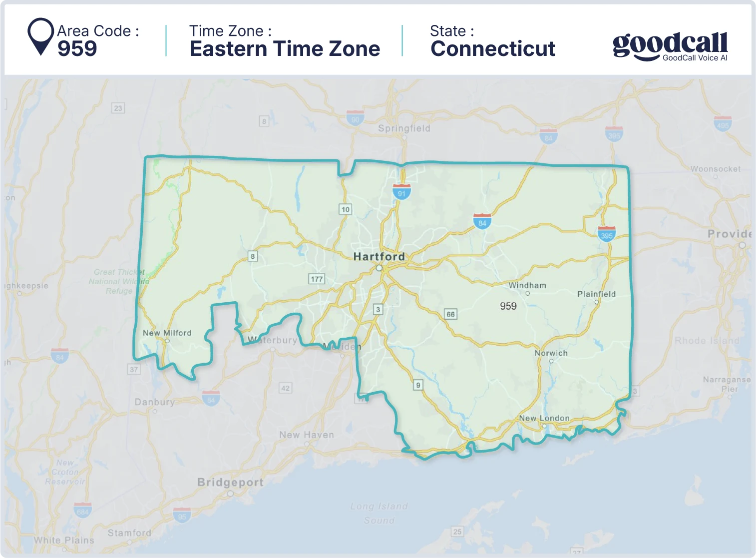 959 area code map showing Connecticut, Hartford, New Haven, and Waterbury