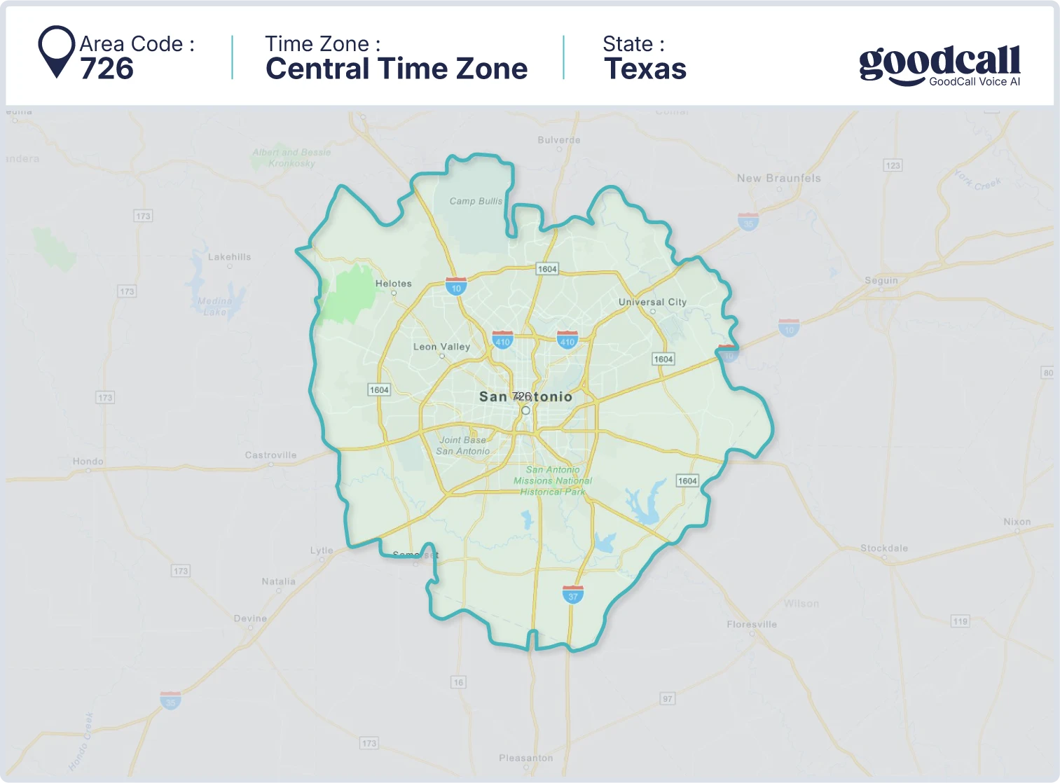 726 area code map showing Texas, San Antonio, New Braunfels, and Seguin
