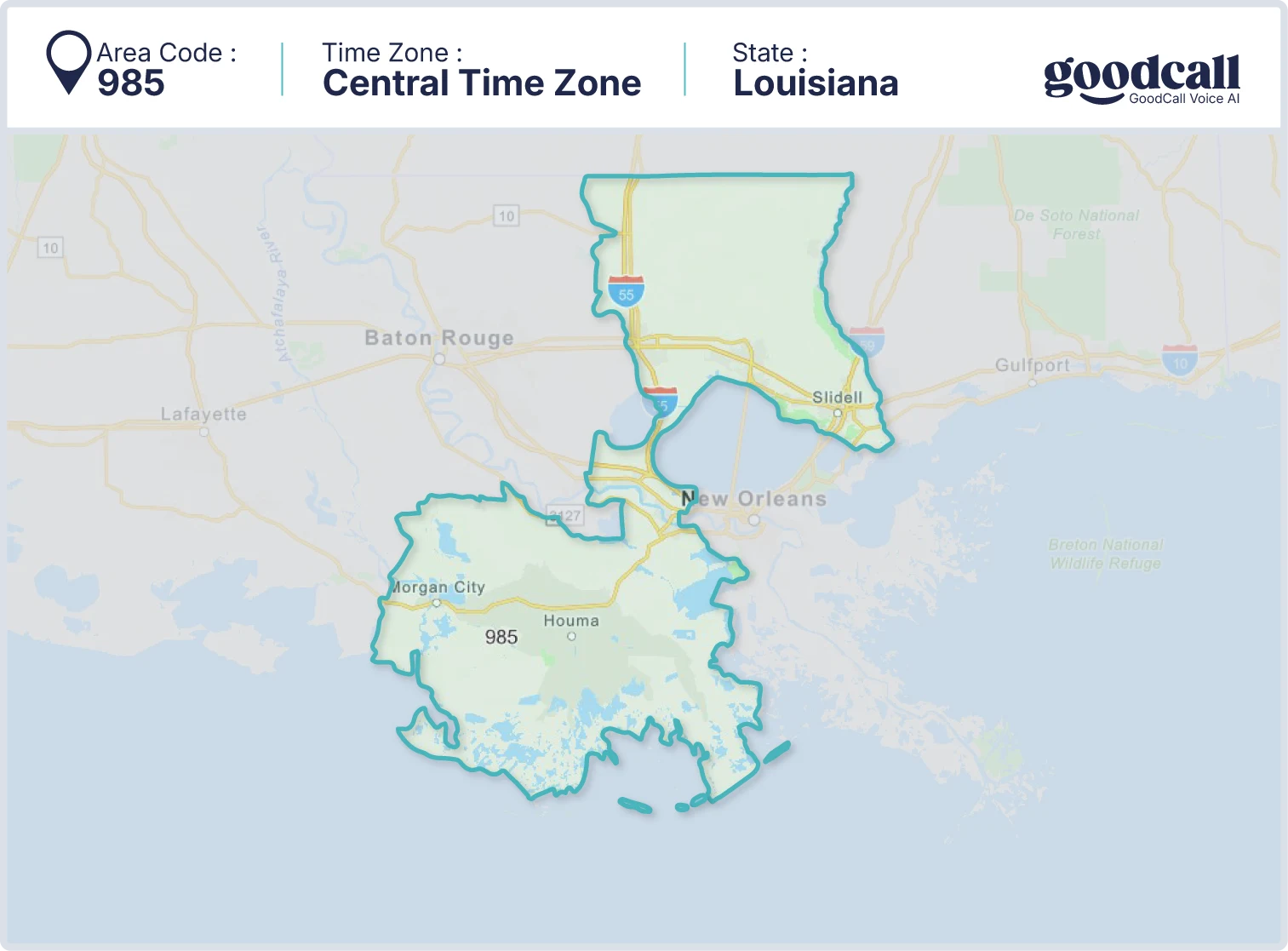 985 area code map showing Louisiana, Houma, Slidell, and Hammond