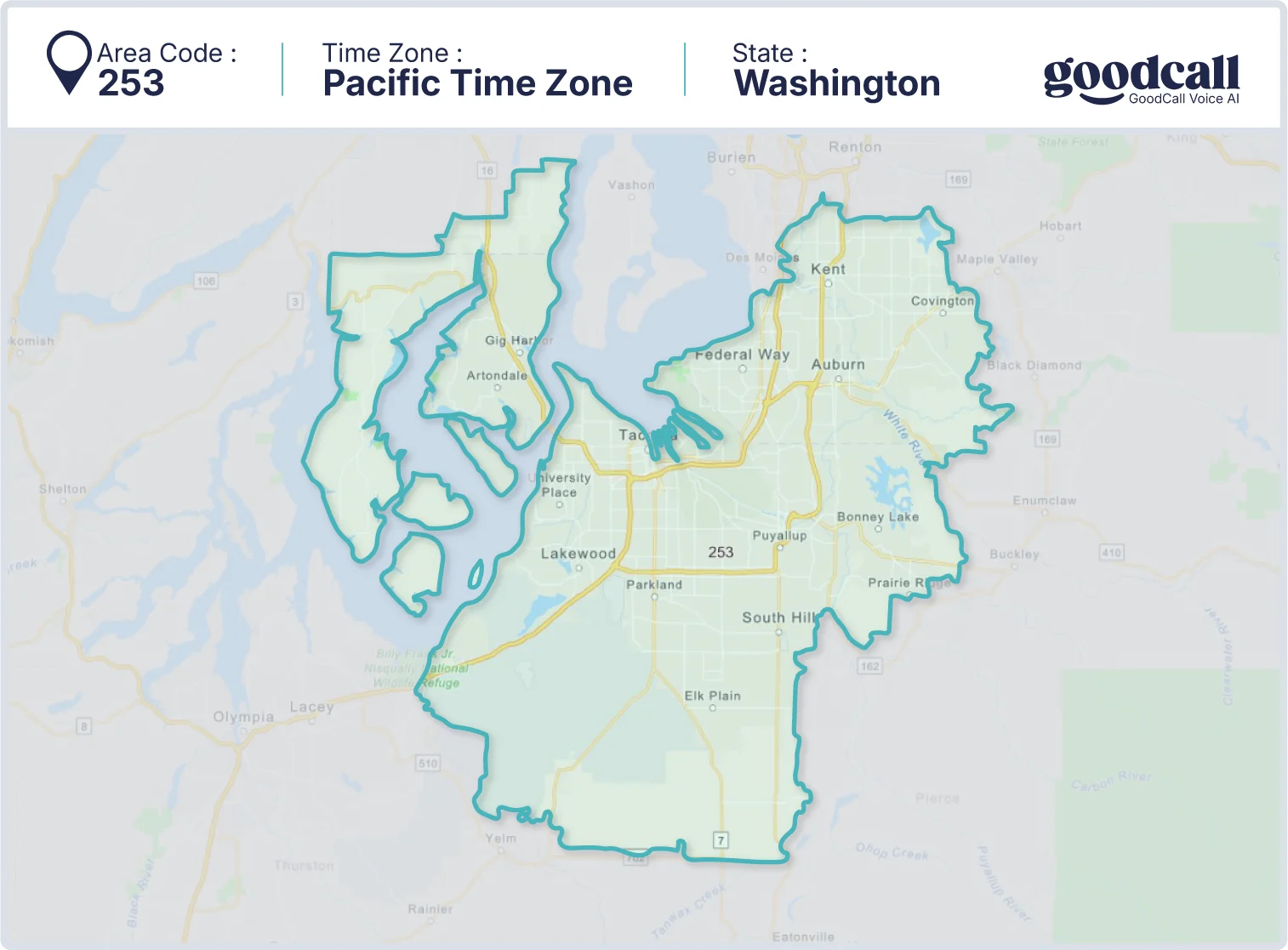 253 area code map showing Washington, Tacoma, Auburn, and Federal Way