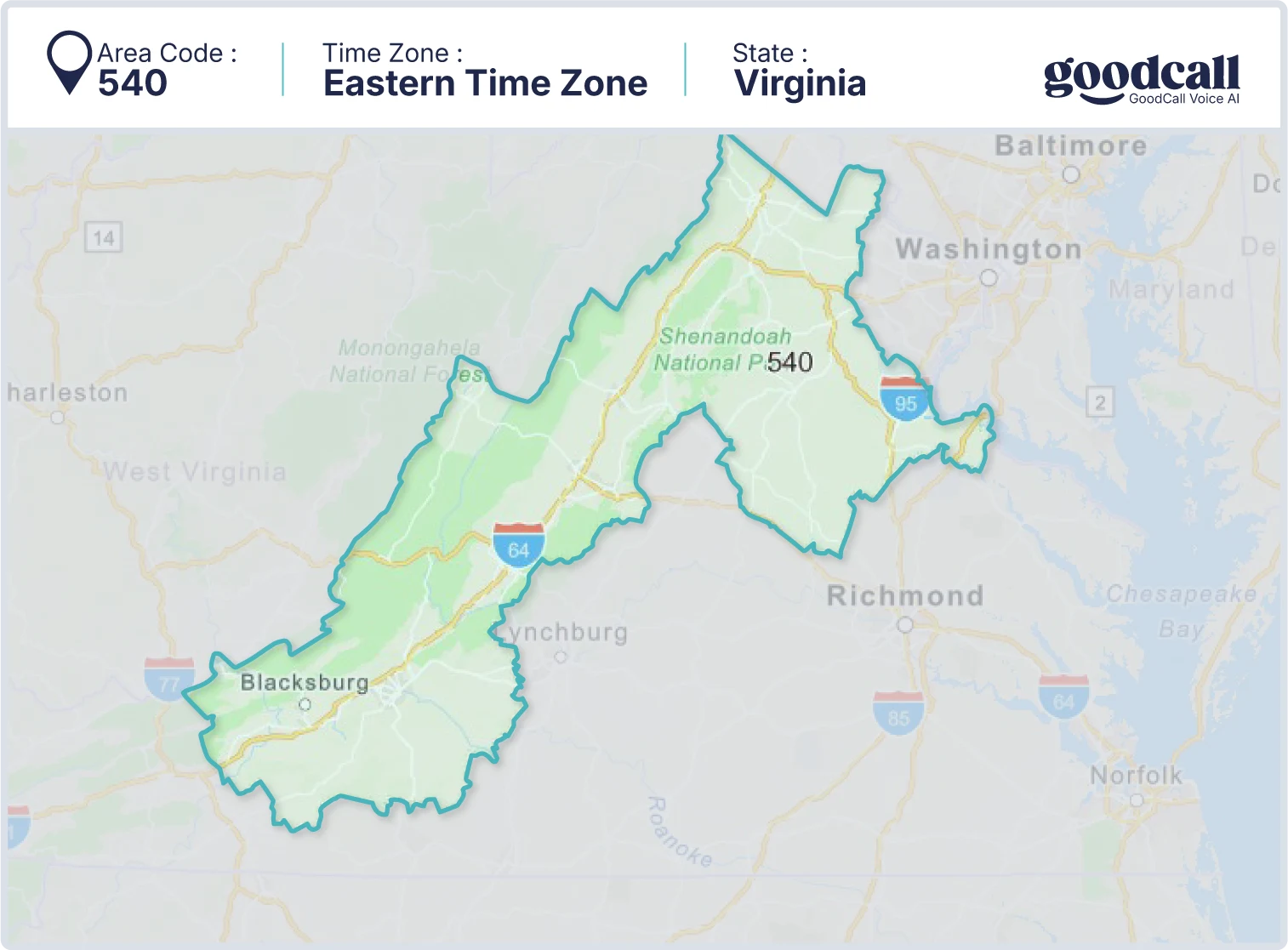 540 area code map showing Virginia, Roanoke, Harrisonburg, and Fredericksburg