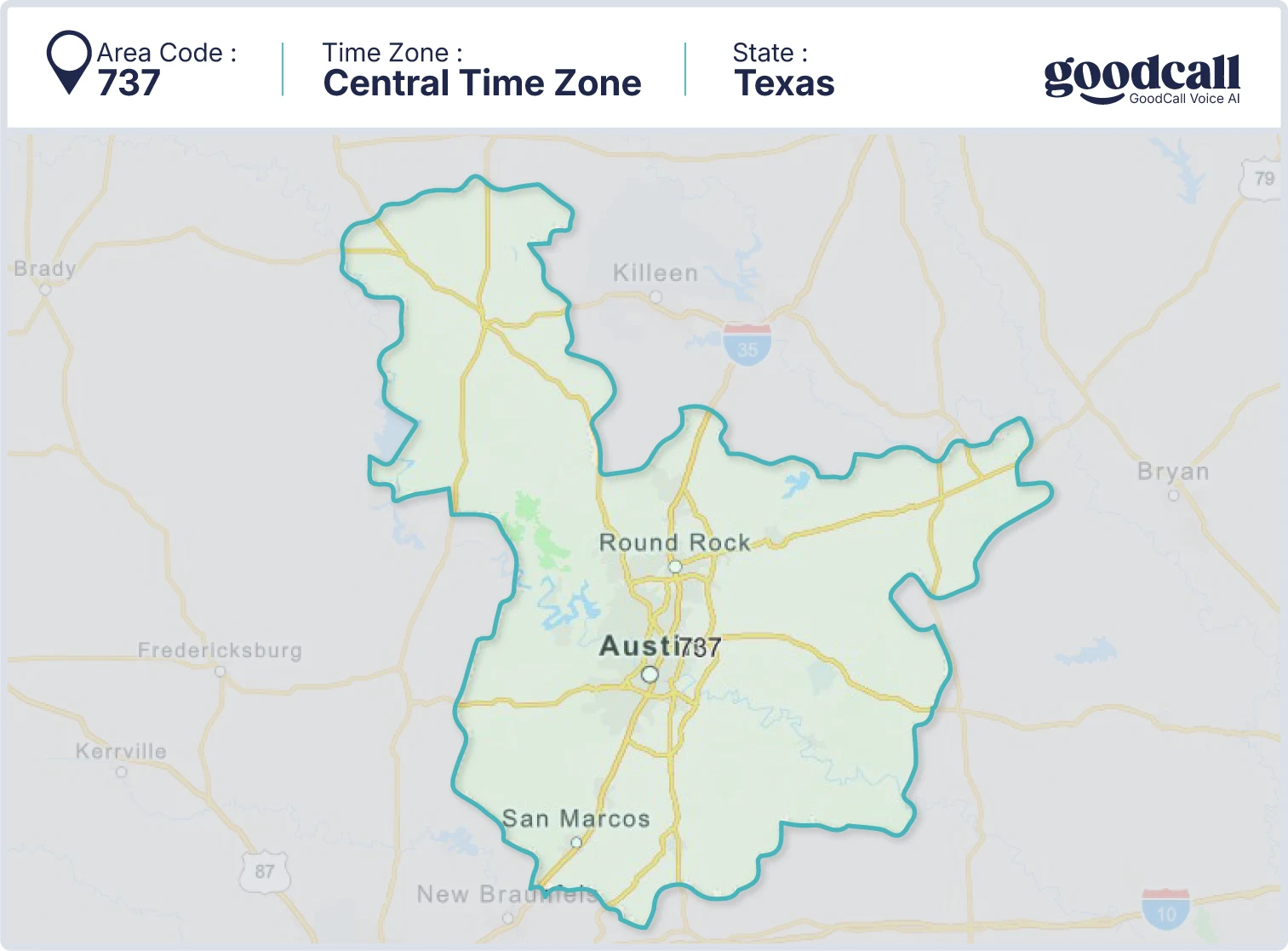 737 area code map showing Texas, Austin, Round Rock, and San Marcos