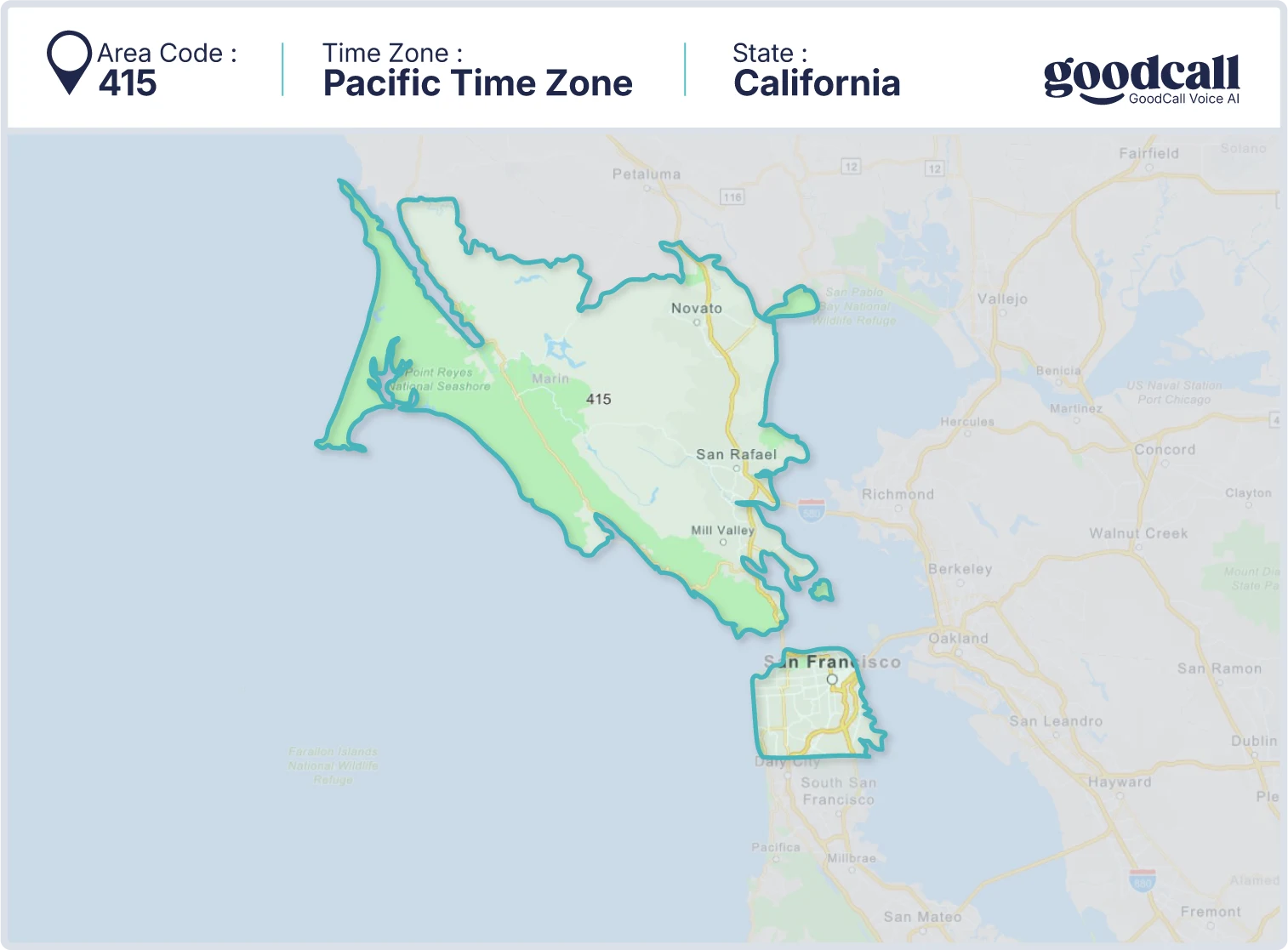 415 area code map showing California, San Francisco, San Rafael, and Novato