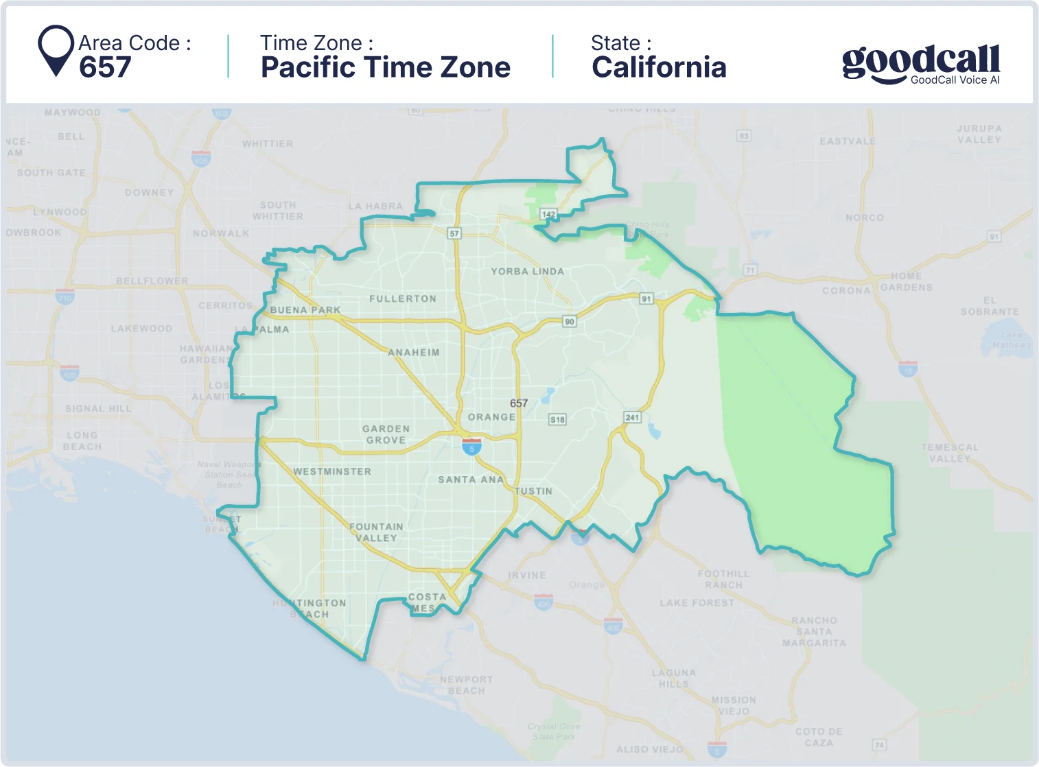 657 area code map showing California, Anaheim, Santa Ana, and Fullerton