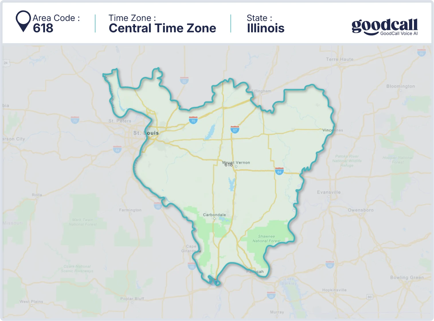 618 area code map showing Illinois, Belleville, Carbondale, and Alton