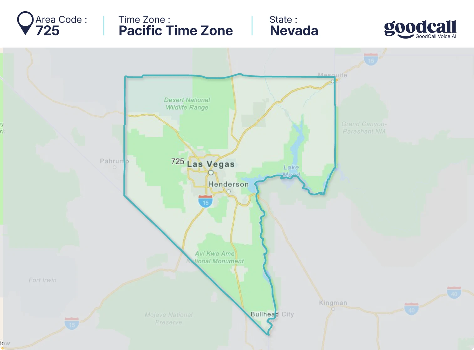 725 area code map showing Nevada, Las Vegas, Henderson, and North Las Vegas