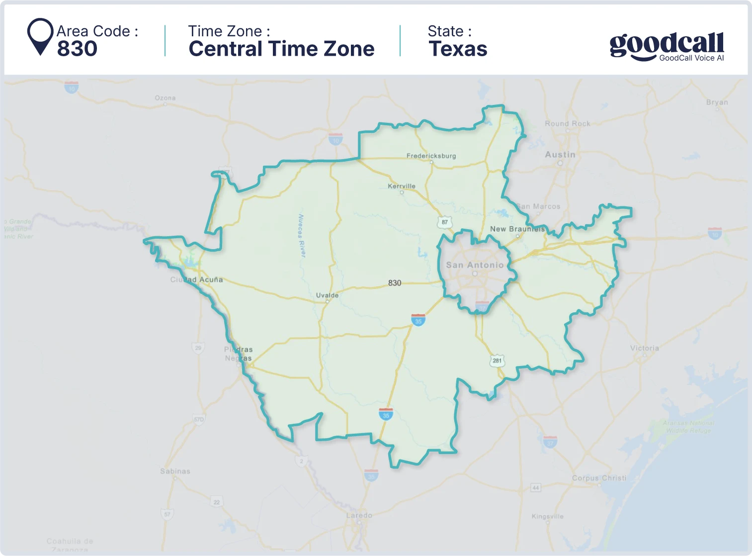 830 area code map showing Texas, New Braunfels, Seguin, and Kerrville
