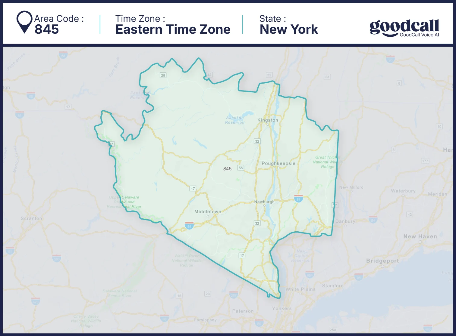 845 area code map showing Poughkeepsie, Newburgh and Hudson Valley in New York