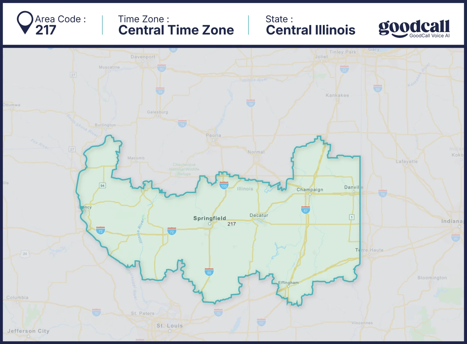 217 area code map showing Springfield, Champaign and central Illinois