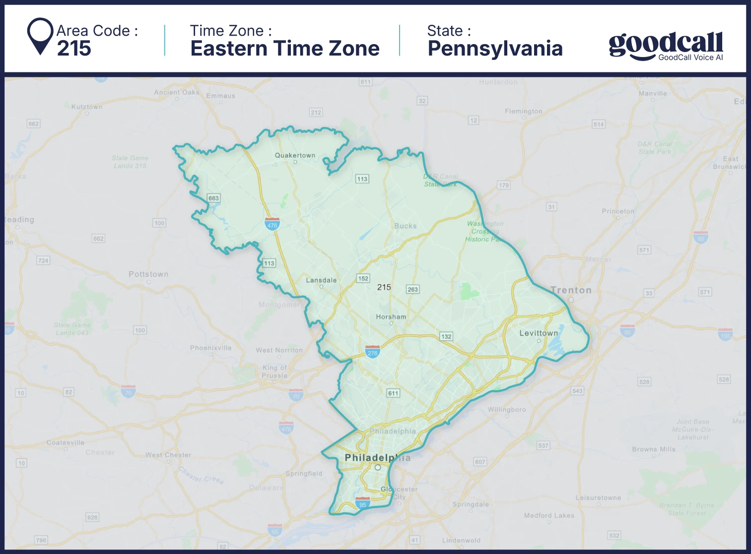 215 area code map showing Philadelphia and surrounding areas in Pennsylvania