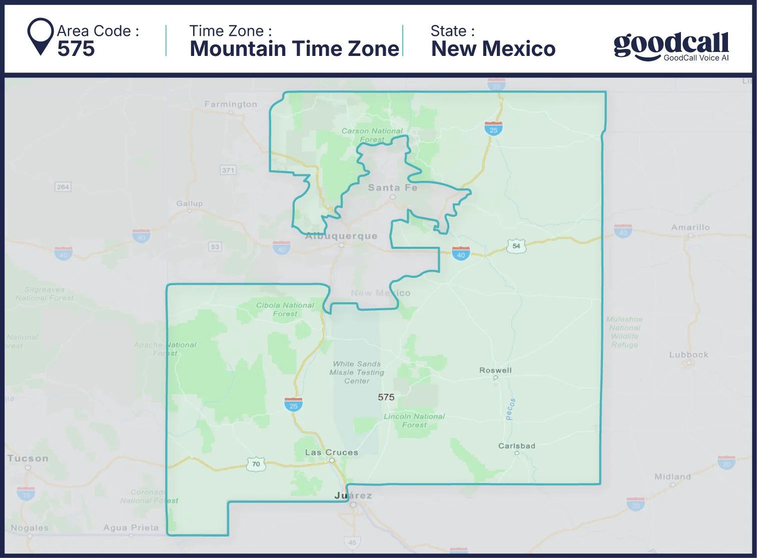 575 area code map showing Las Cruces, Roswell and New Mexico coverage