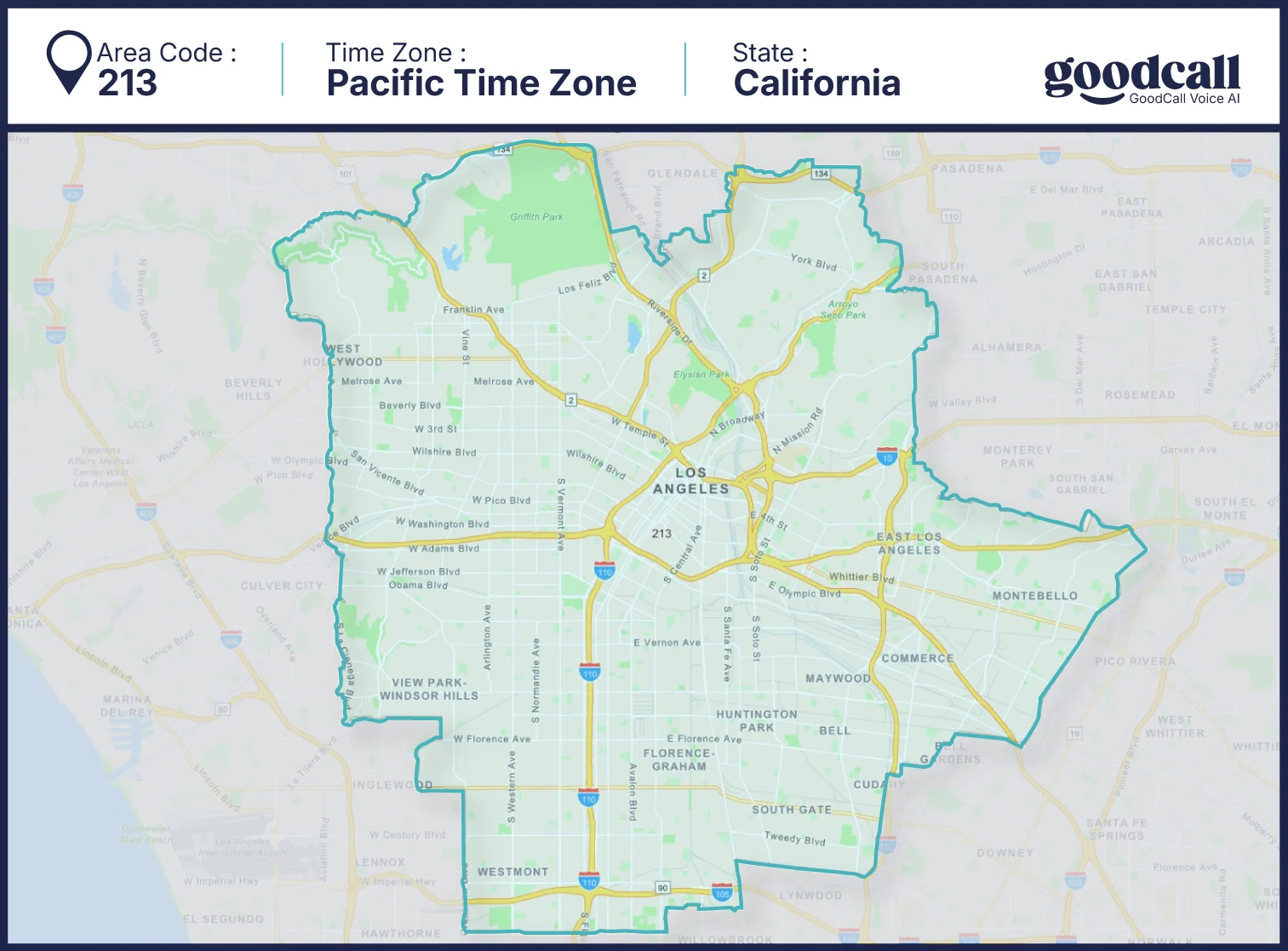 213 area code map showing downtown Los Angeles and central Los Angeles in California