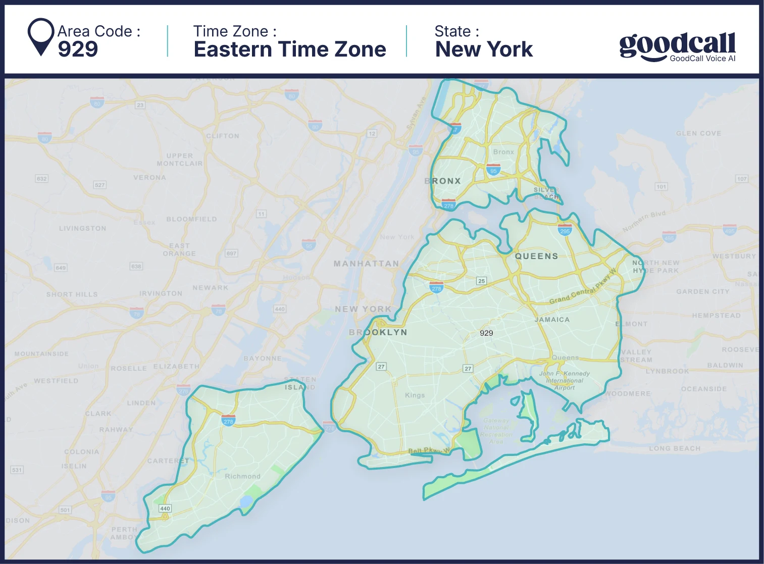 929 area code map showing Bronx, Queens, Brooklyn and New York City