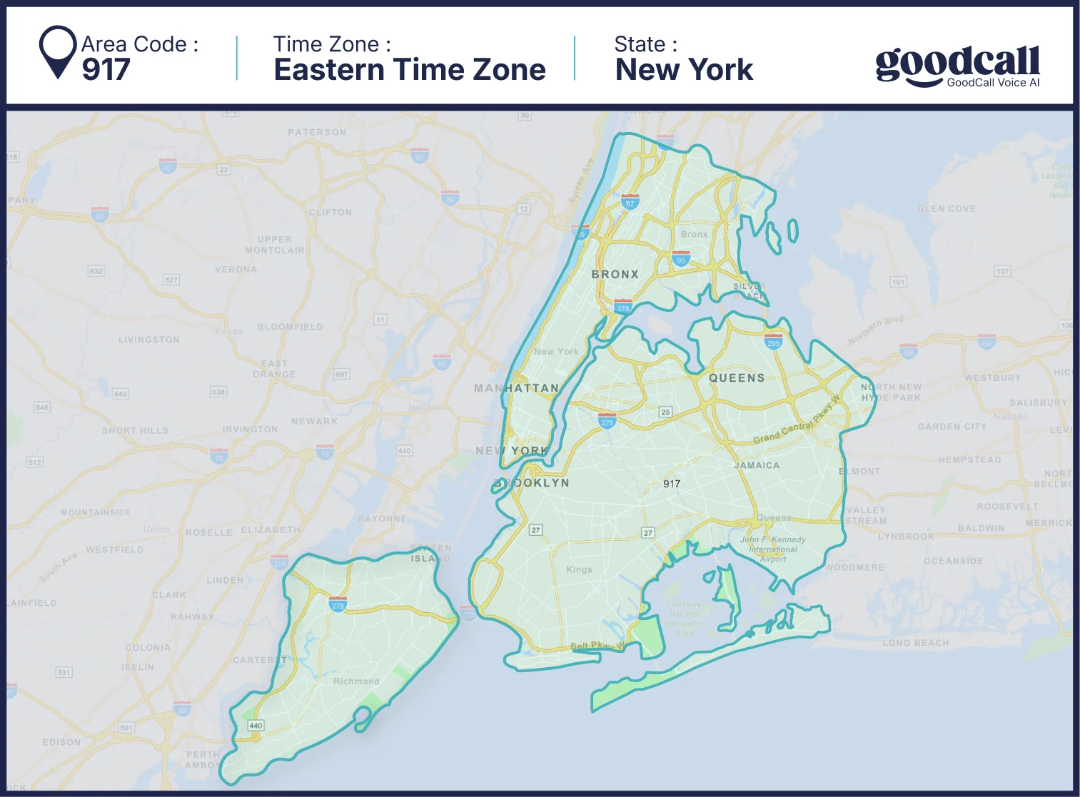 917 area code map showing all five boroughs of New York City