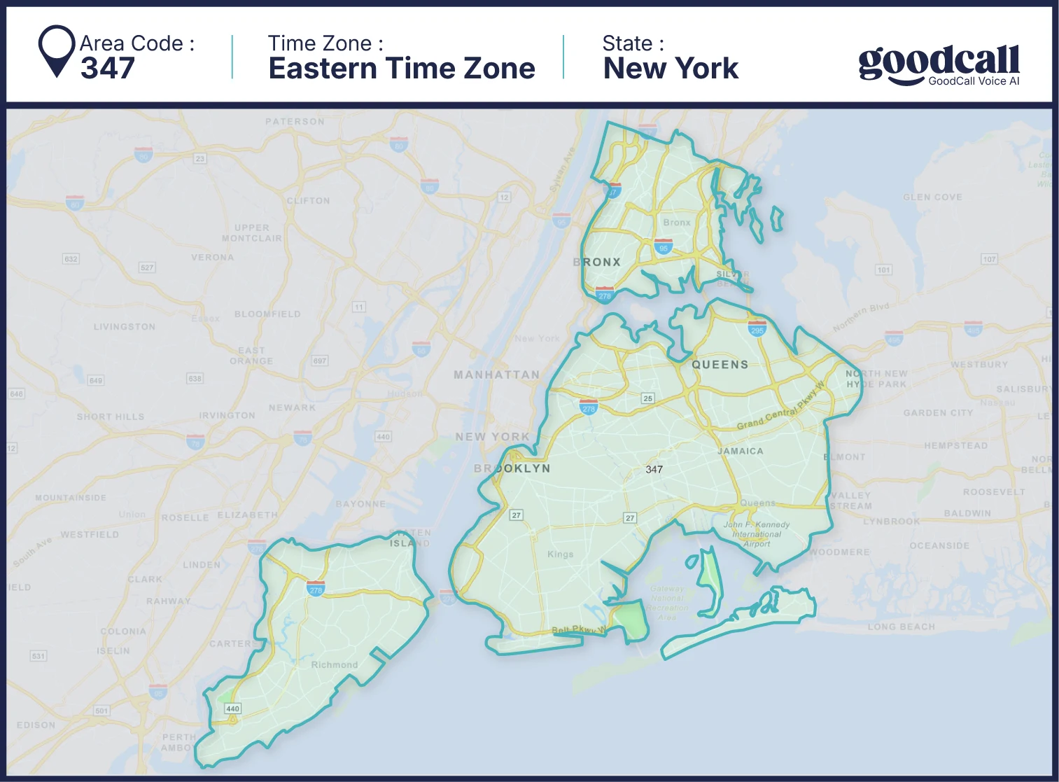 347 area code map showing Brooklyn, Queens, Bronx and New York City