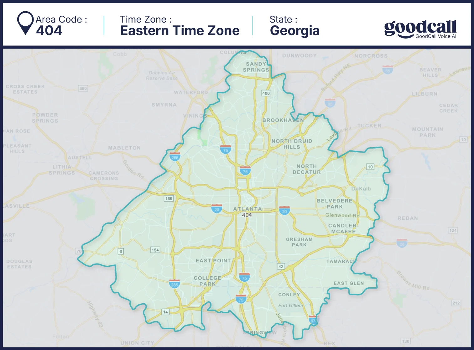 404 area code map showing Atlanta and central metropolitan Georgia