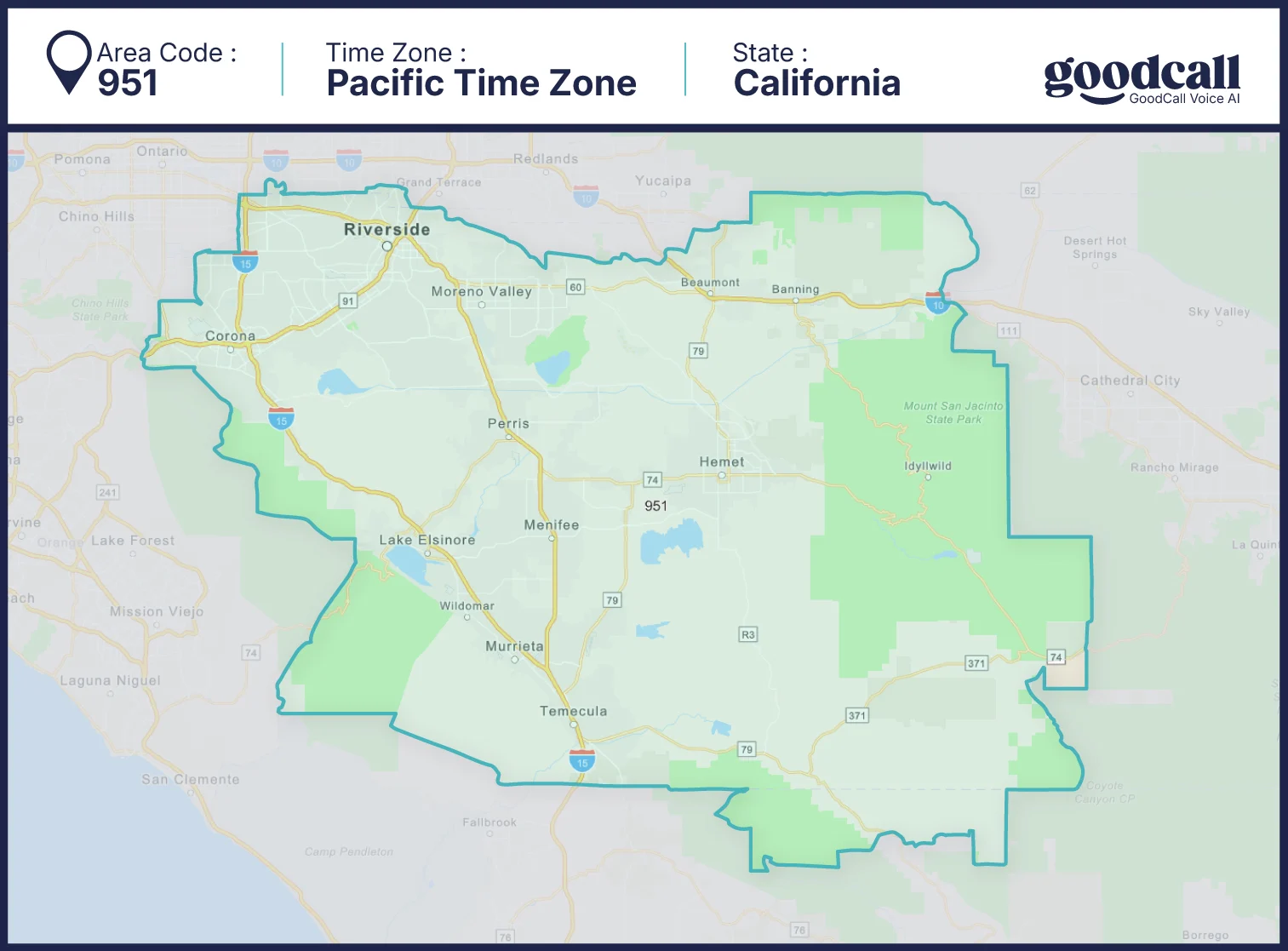 951 area code map showing Riverside, Moreno Valley and Inland Empire in California