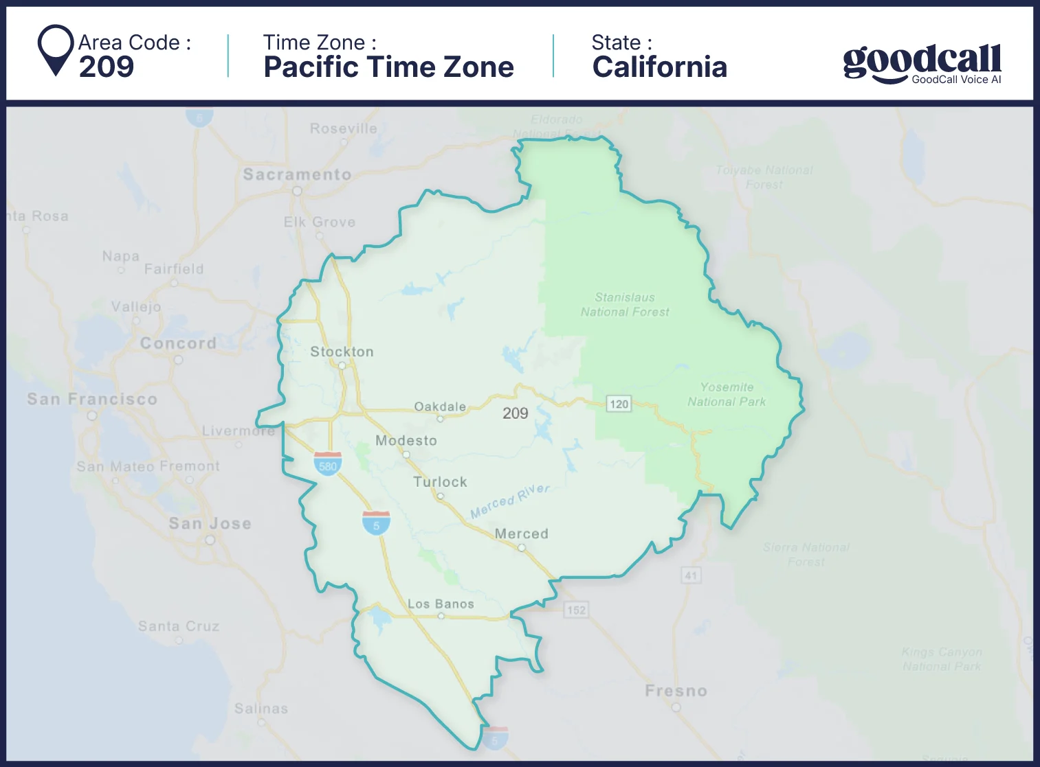209 area code map showing Stockton, Modesto and central California