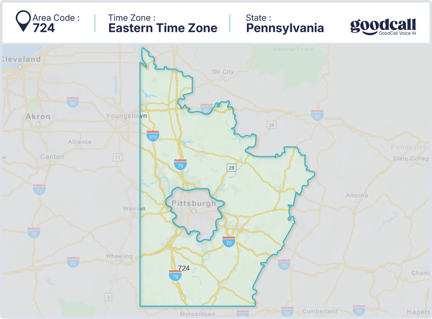 724 area code map showing Pittsburgh, Greensburg, New Castle and western Pennsylvania