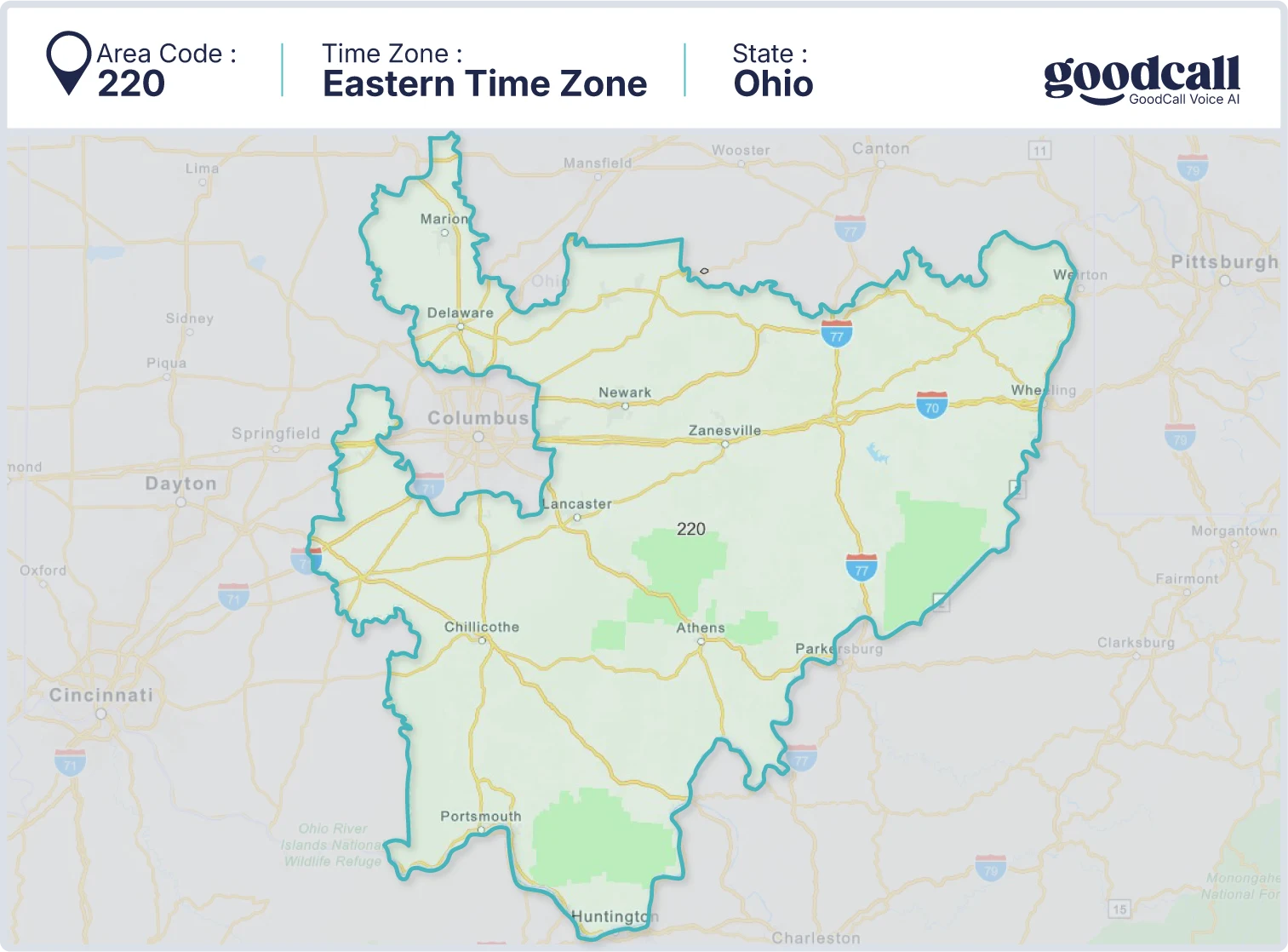 220 area code map showing Ohio, Columbus, Newark and Zanesville