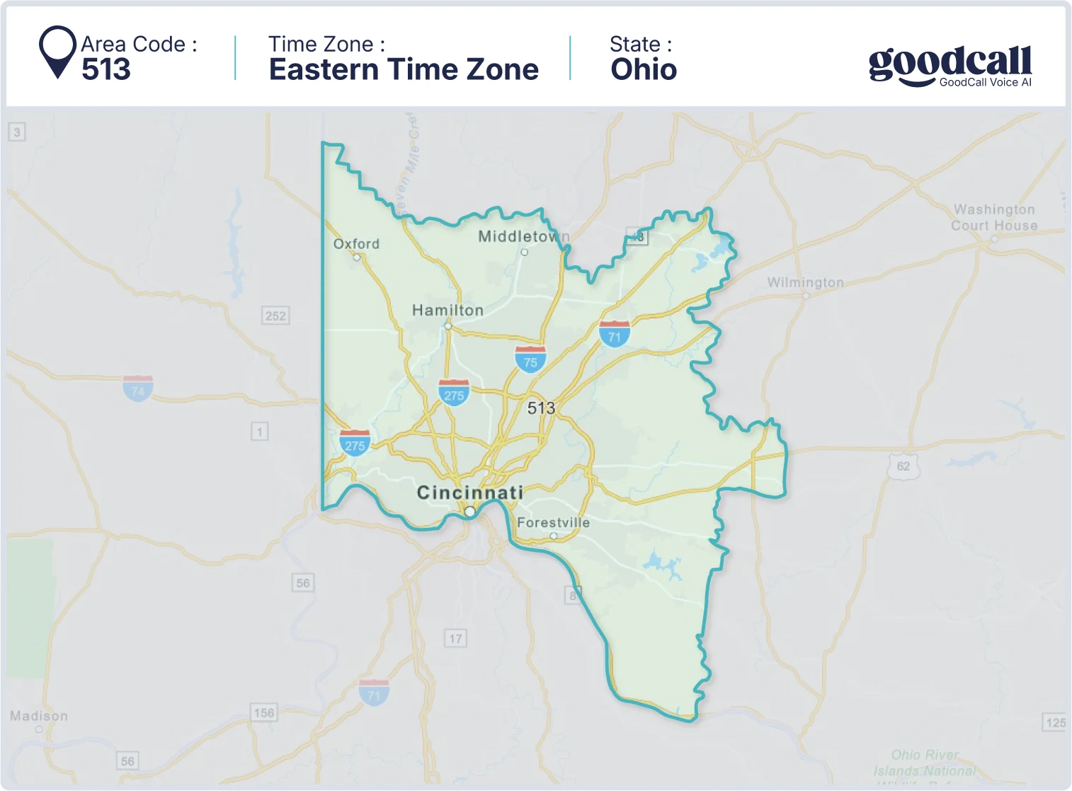 513 area code map showing Ohio, Cincinnati, Hamilton and Middletown