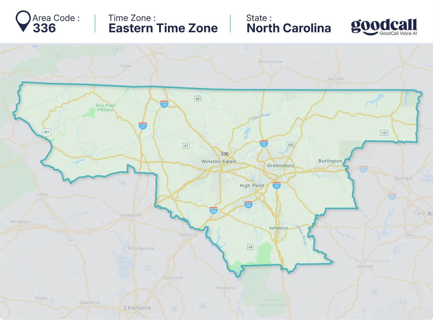 336 area code map showing North Carolina, Winston-Salem, Greensboro and High Point
