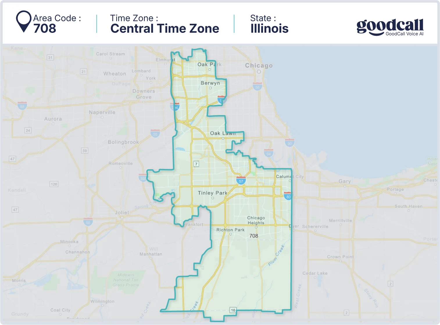 708 area code map showing Illinois, Chicago Heights, Oak Lawn and Tinley Park