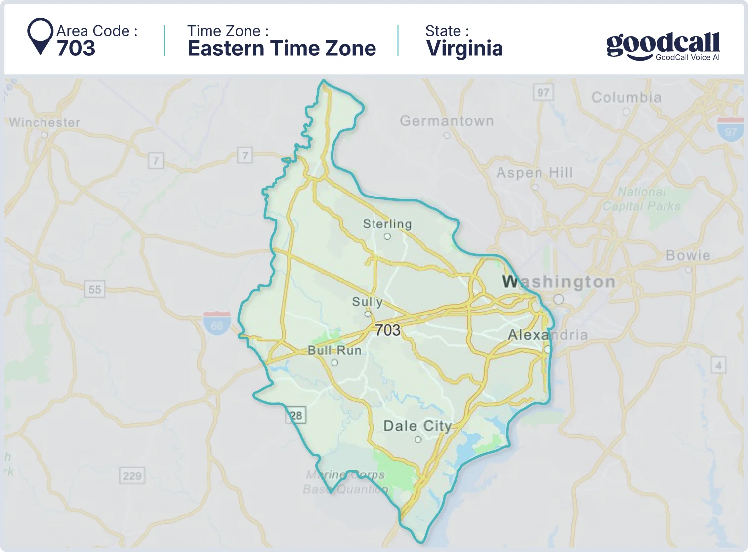 703 area code map showing Virginia, Alexandria, Sterling and Dale City