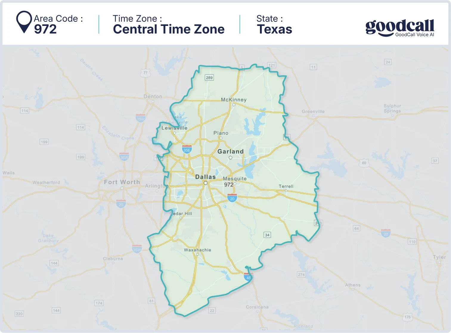 972 area code map showing Texas, Dallas, Plano, Garland and McKinney