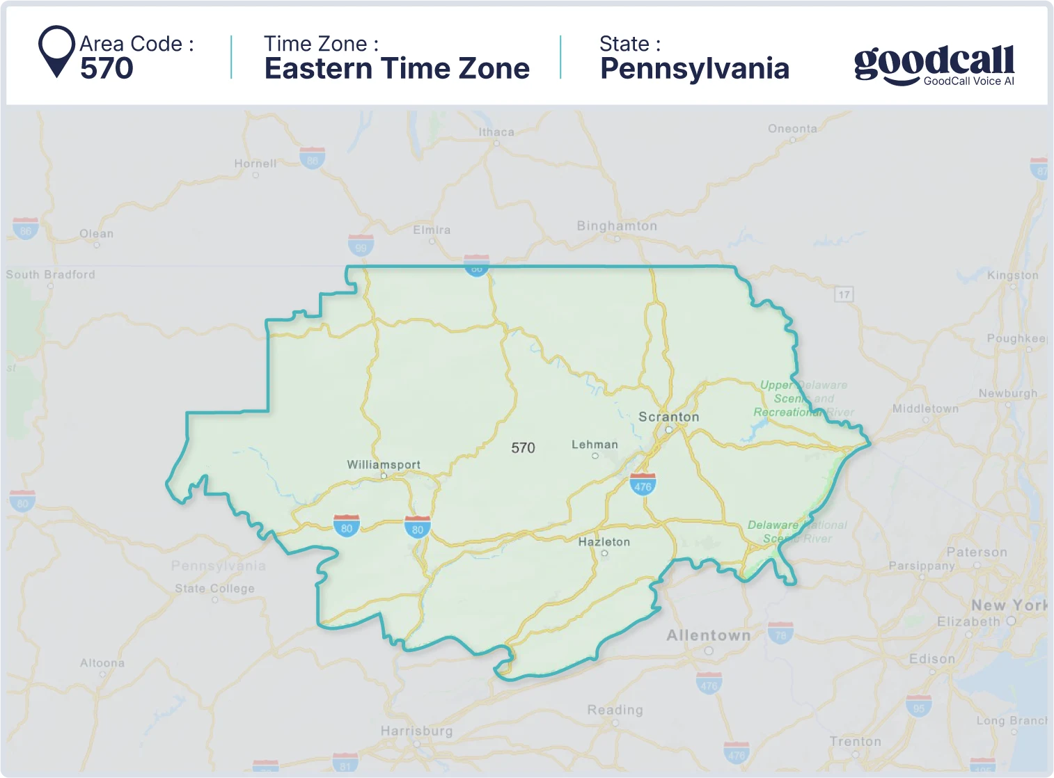 570 area code map showing Pennsylvania, Scranton, Williamsport and Hazleton