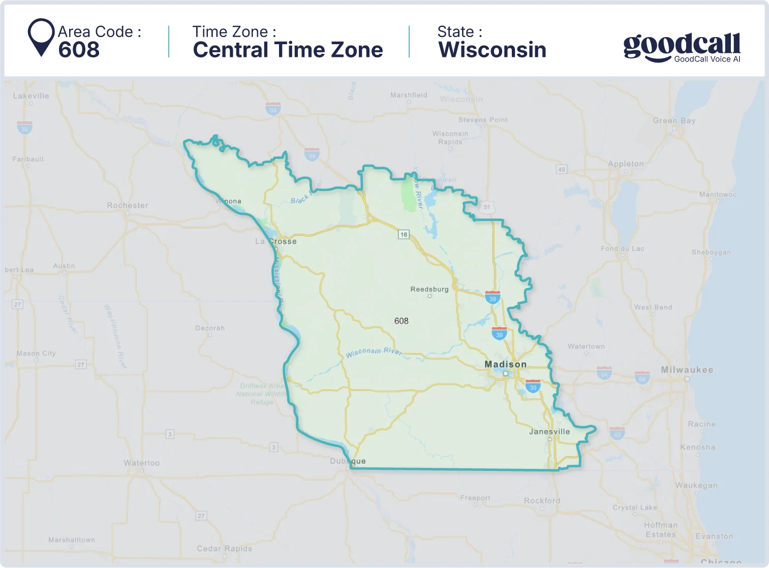 608 area code map showing Wisconsin, Madison, La Crosse and Janesville