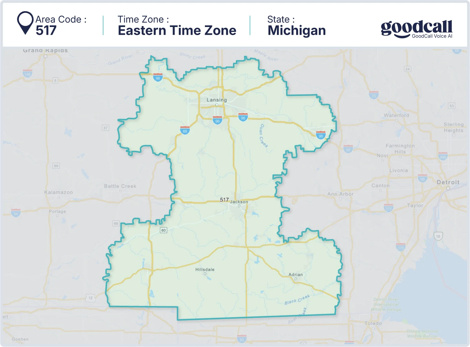 517 area code map showing Michigan, Lansing, Jackson, and Adrian