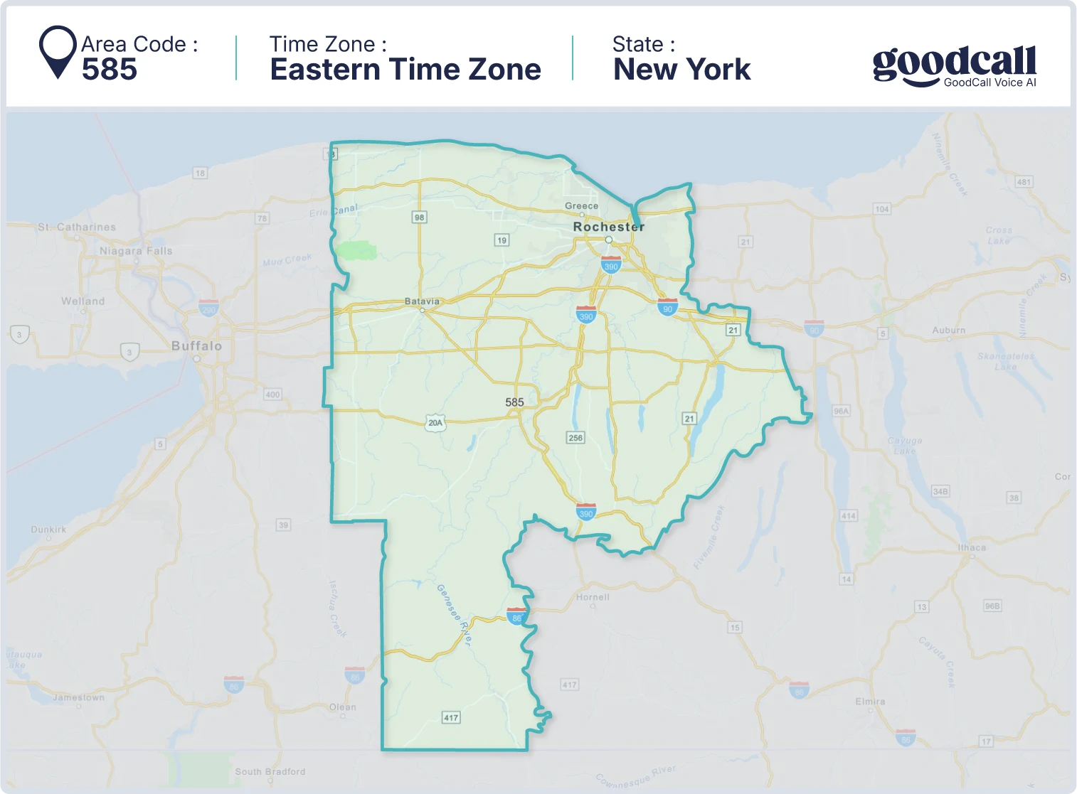 585 area code map showing New York, Rochester, Batavia, and Geneseo