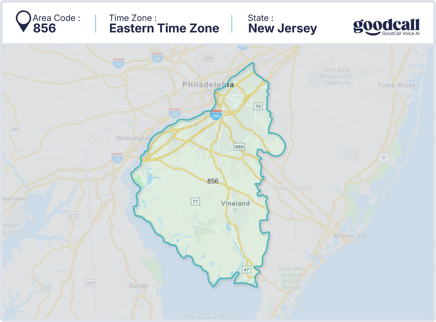 856 area code map showing New Jersey, Camden, Cherry Hill and Vineland