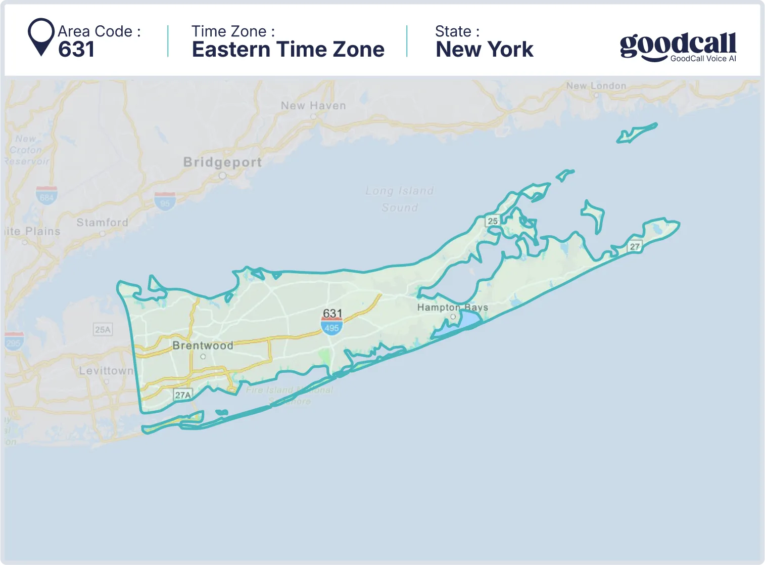 Area code 631 in New York, located in the Eastern Time Zone