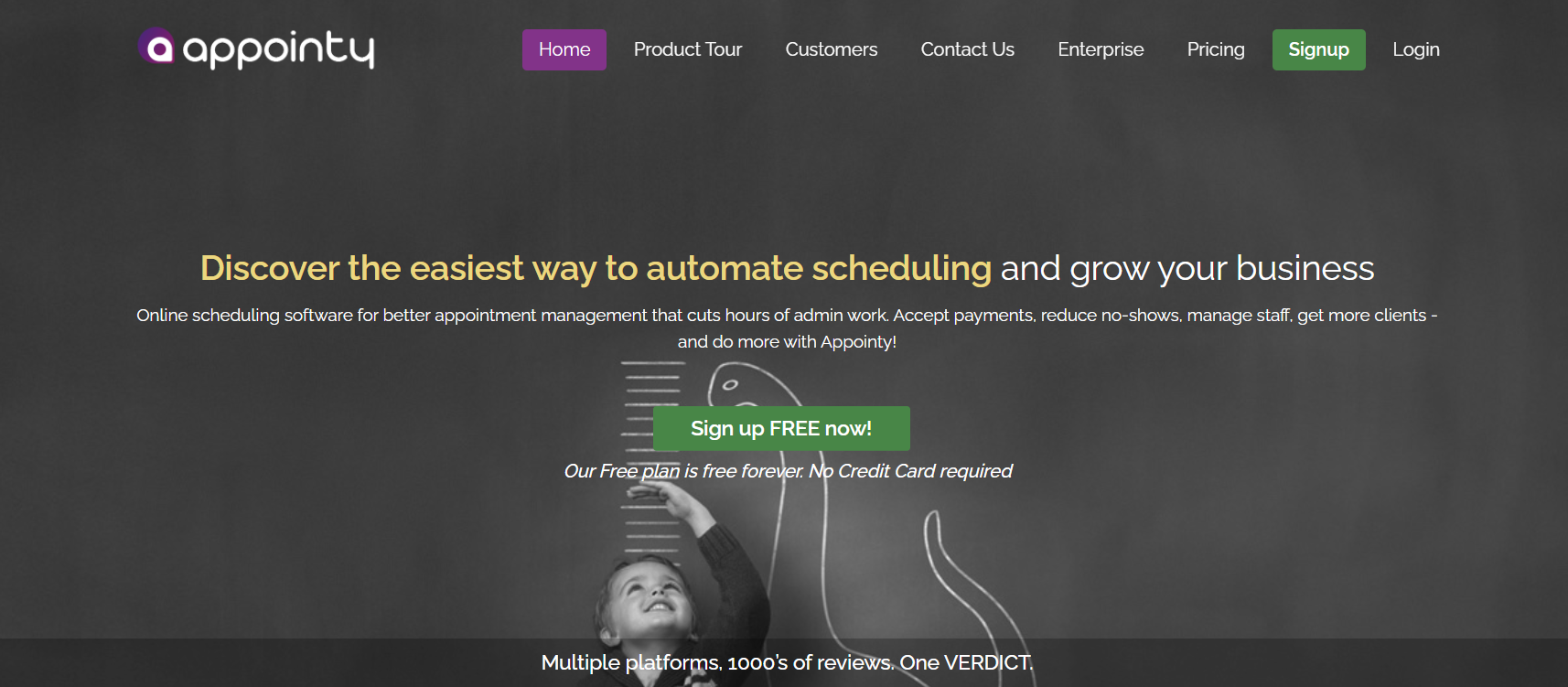 Appointy homepage highlighting scheduling automation, signup CTA, and benefits like payments, reduced no-shows, and client management tools