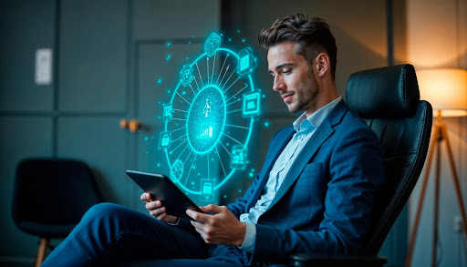 A businessman using tablet with digital data interface