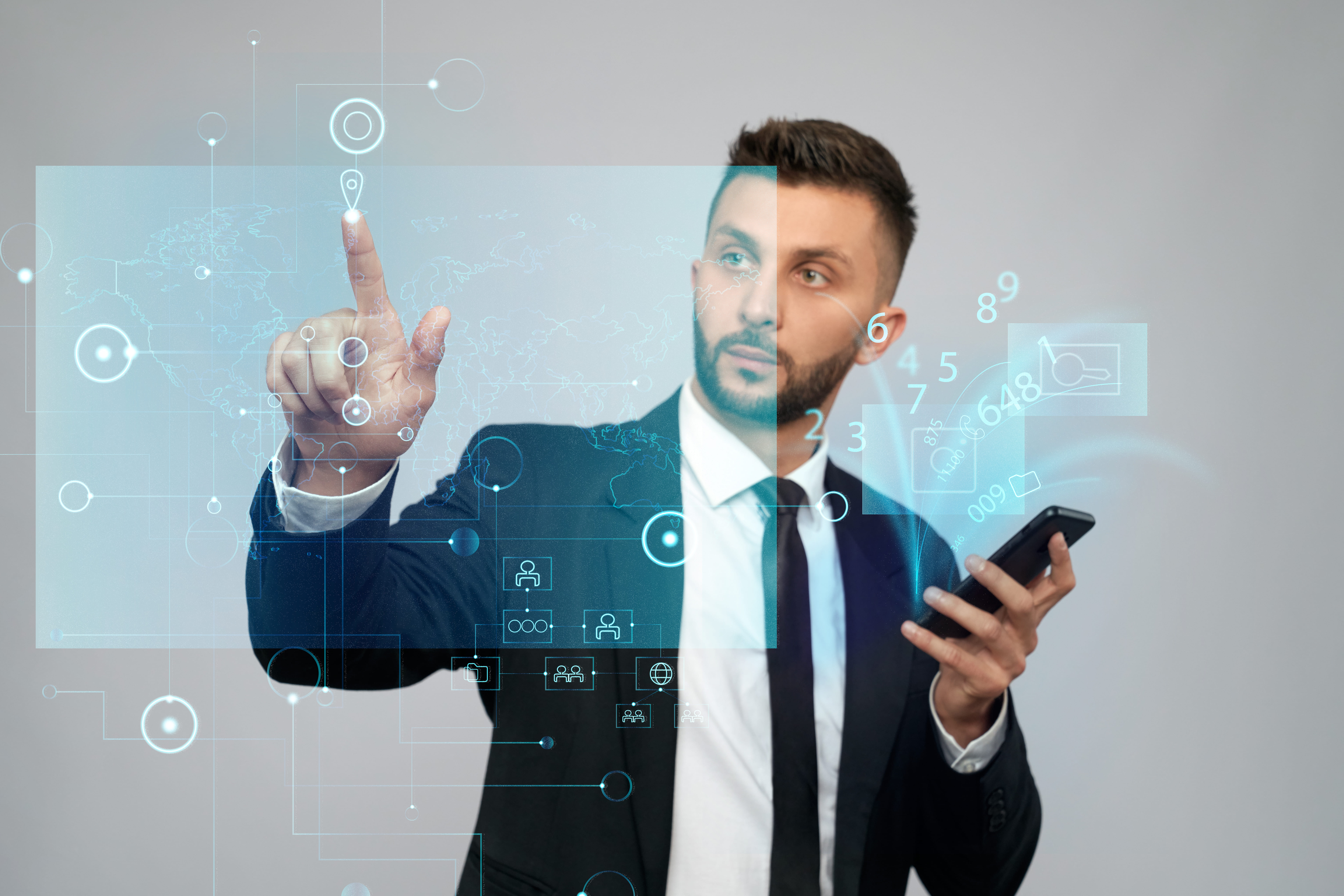 Business professional using AI-powered digital touchscreen interface