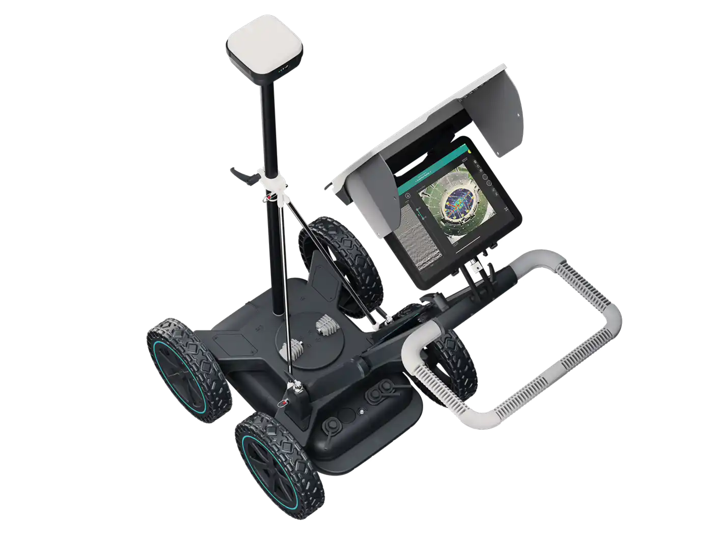 GS8000 Top down view with a screen image showing a map of a stadium.