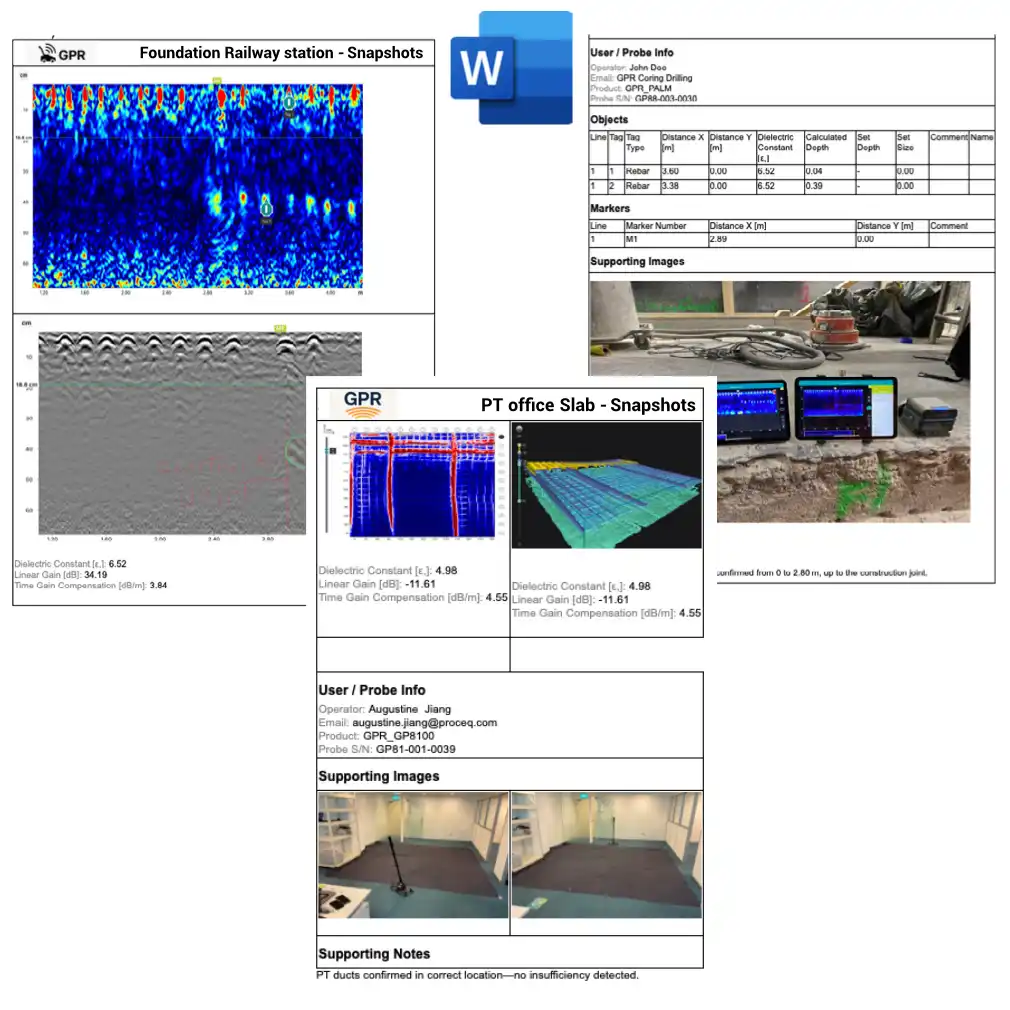 The Microsoft Word Logo and 3 images of exported GPR data and record information.